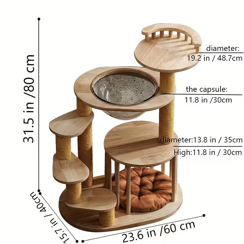 Multi-Tier Wooden Cat Tower with Spiral Staircase and Capsule Bed