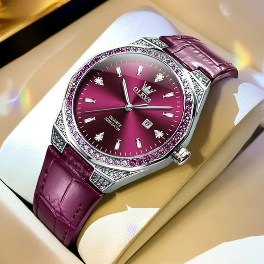Women's Leather Strap Crystal Bezel Watch Rose Gold Luxury
