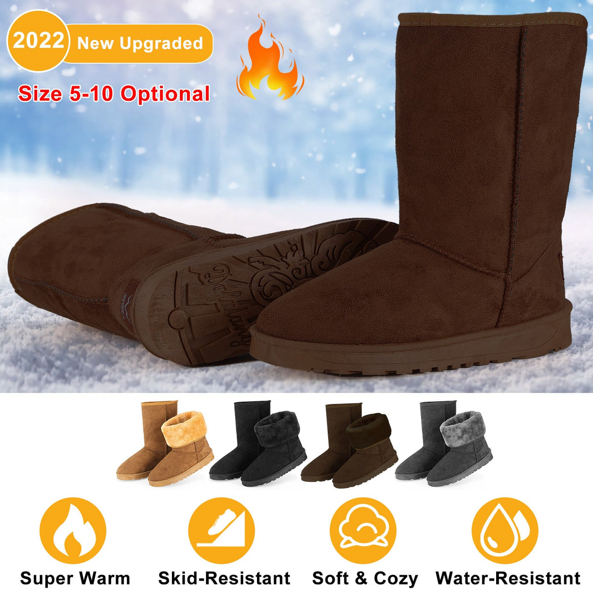 Snow Boots - Waterproof Faux Suede Mid-Calf with Warm Lining