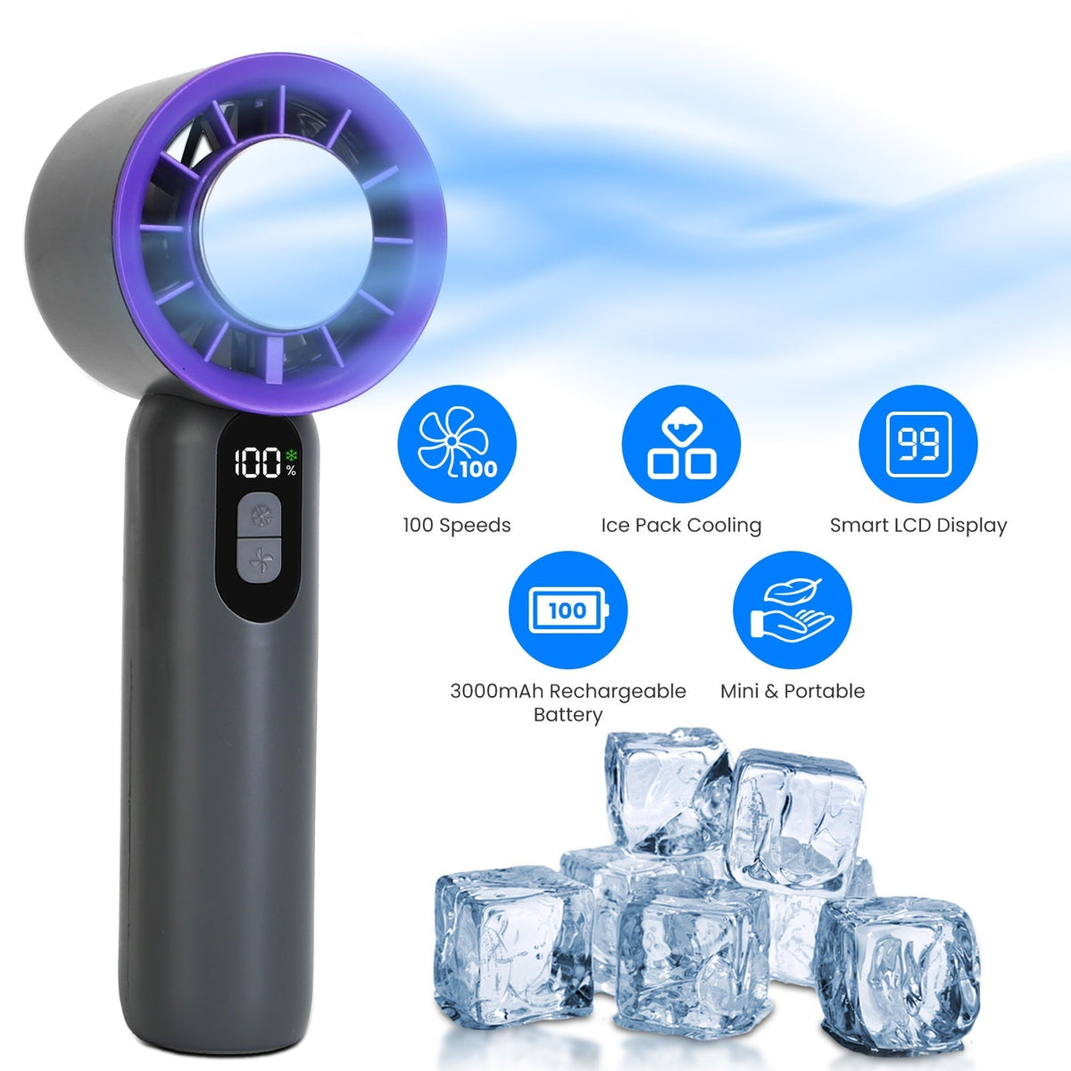 100 Speed Handheld Fan With Ice Cooler High Speed Turbo Fan 3000mAh Rechargeable Hand Fan with LCD Display for Travel Camping Beach Outdoor