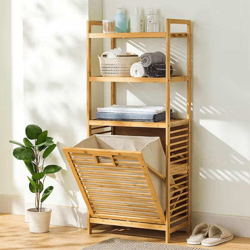 Bamboo Tilt Laundry Hamper, 16/20 Inch Solid Wood Frame, Bathroom Storage Organizer for Dirty Clothes, Towels, Multi-Purpose Storage Rack for Bedroom & Bathroom