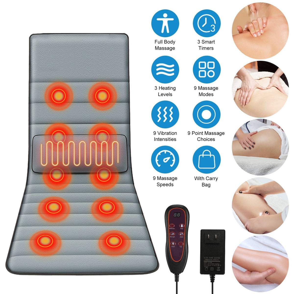 Full Body Electric Massage Mat with Heat Vibration Massage Pad Cushion Back Massage Mattress Chair Pad with Inflatable Head Pillow Lumbar Pillow with