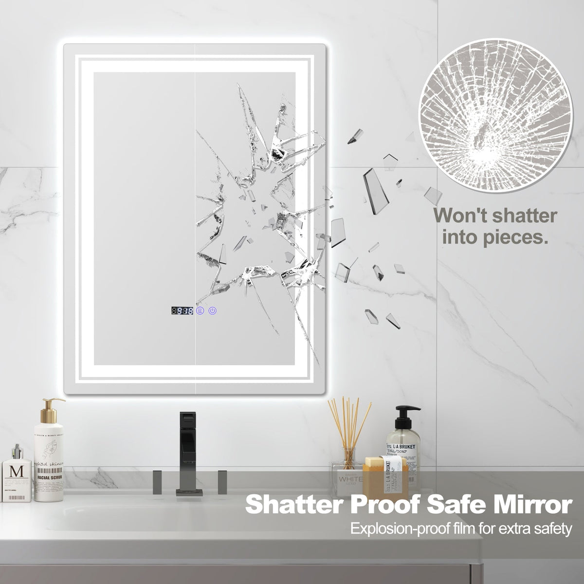 Defogging LED Bathroom Mirror with Memory Function and Anti-Fog