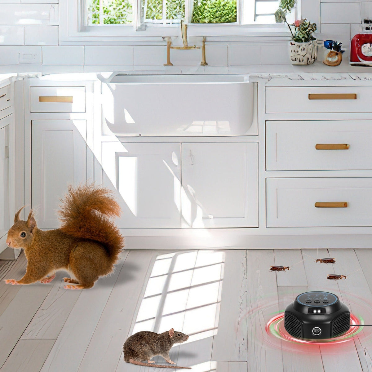 360¡ Ultrasonic Mice Repellent Indoor Rodent Repeller Rat Squirrel Rodent Chaser with 3 Modes 2 Strobe Lights for Kitchen Warehouse