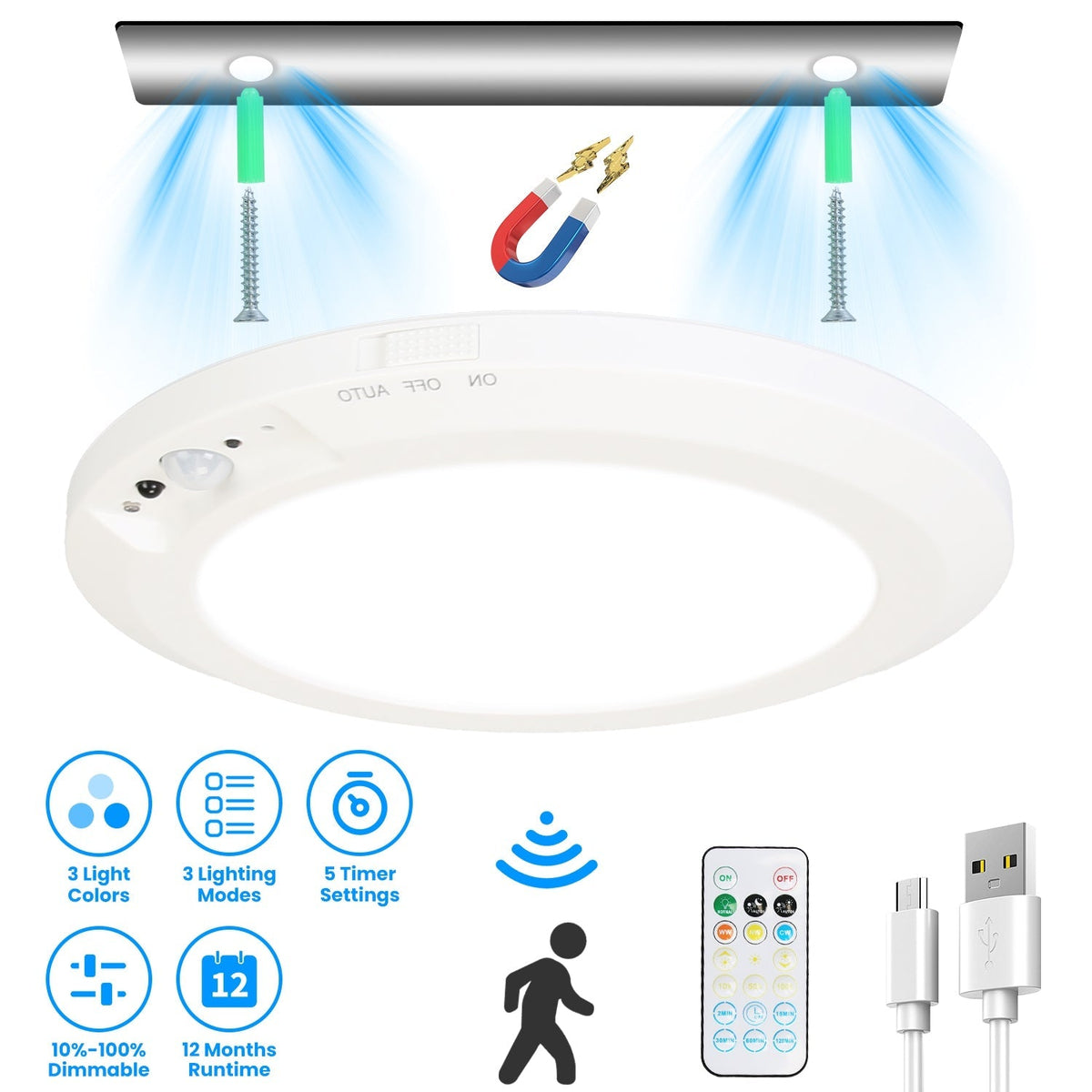 Magnetic Flush Ceiling Light Rechargeable Motion Sensor Ceiling Light Wireless Ceiling Light with Timer Remote Stepless Dimmable for Closet Stairs Gar