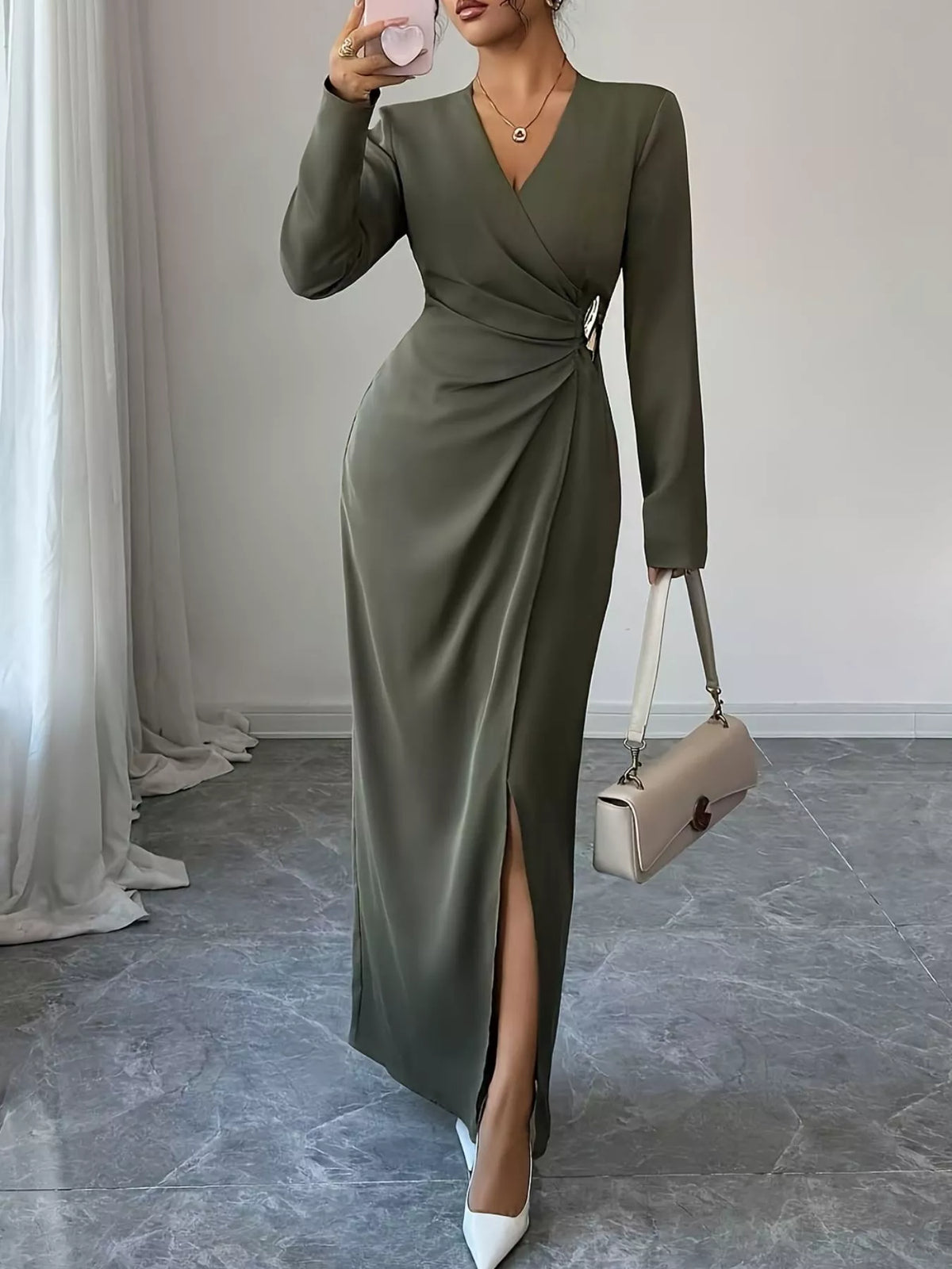 Slit Surplice Long Sleeve Maxi Dress
