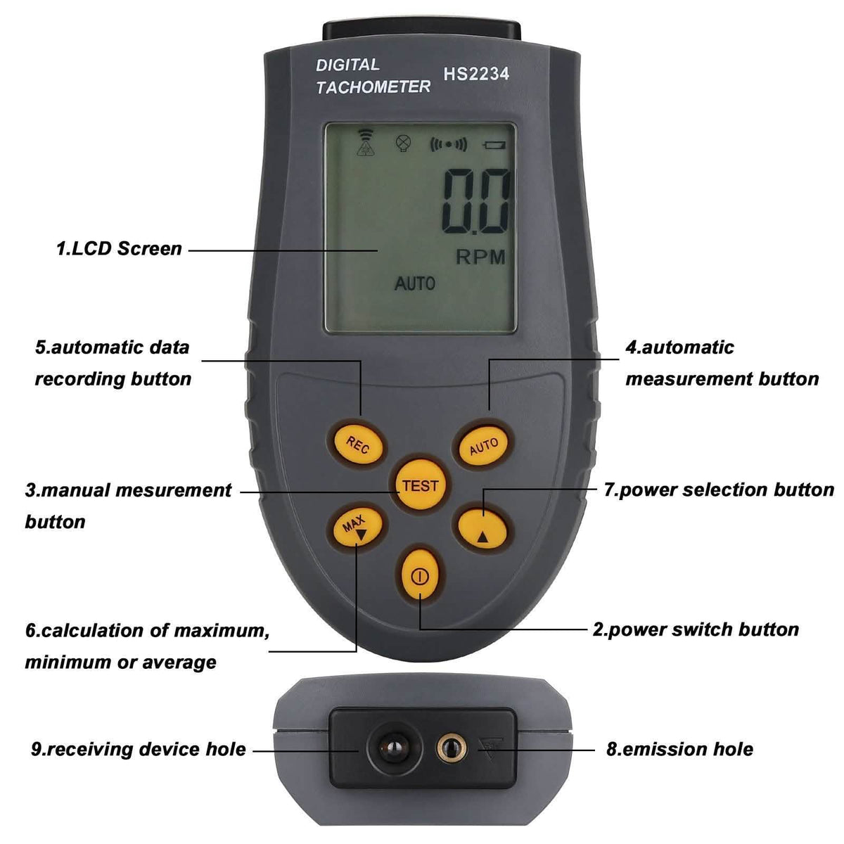 Digital Tachometer 2.5~99,999 RPM Accuracy Non-Contact Laser Photo Tachometer