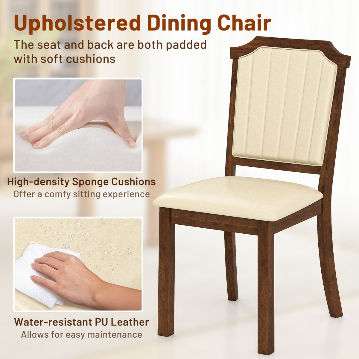 Dining Chair Set of 2 with PU Leather and Rubber Wood Frame-Brown