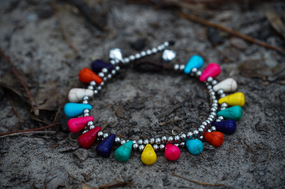 Double Strand Boho Silver Bracelet With Colorful Stones