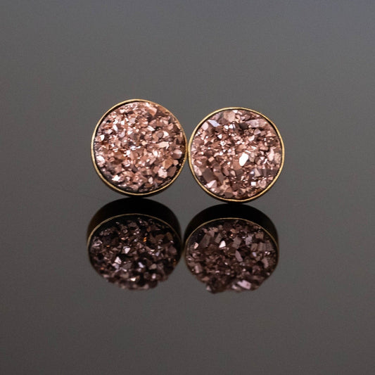 Druzy Round Stud Earrings Pink Crystal Gold Plated Style
