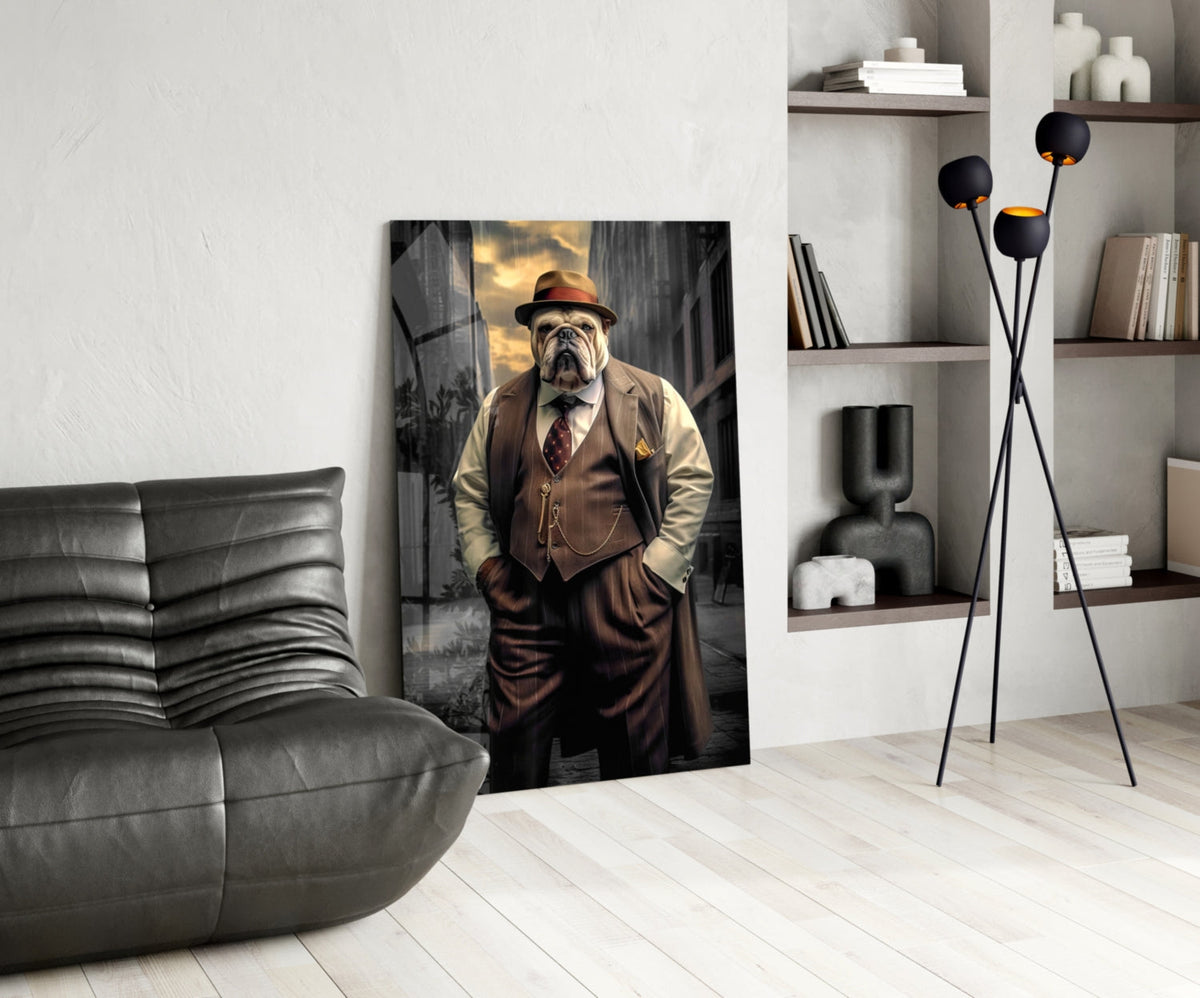 Bulldog In Brown Suit And Fedora Glass Wall Art