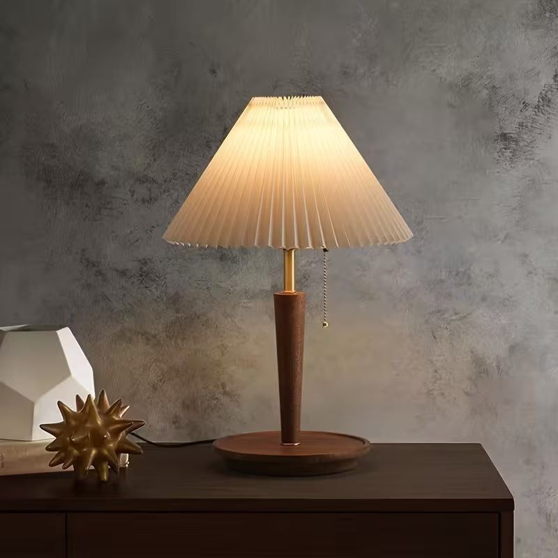 Traditional Pleated Wooden Desk Lamp with Solid Wood Base