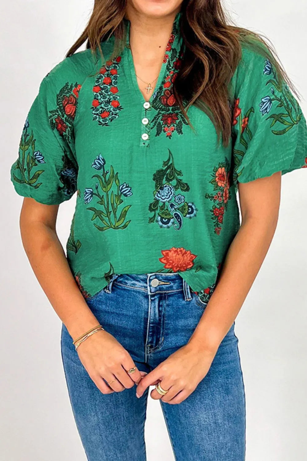 Floral Print Notched Short Sleeve Blouse