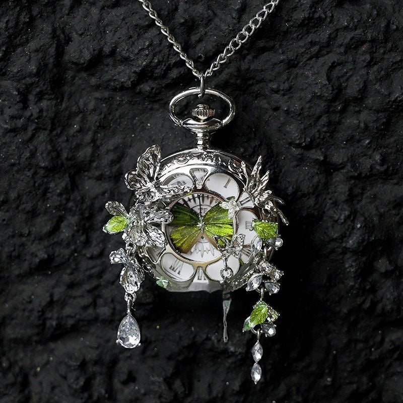 Couples Teal And Green Butterfly Animated Pocket Watch For Graduation Season