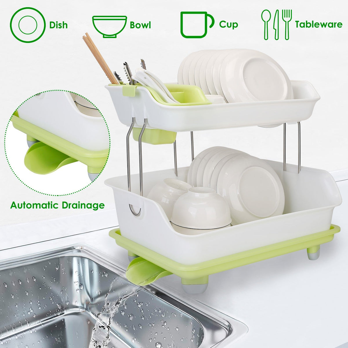 2-Tier Dish Drying Rack Cutlery Drainer Holder Kitchen Organizer Storage Shelf