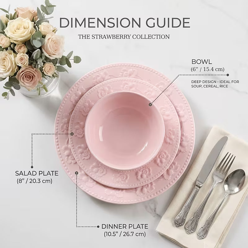 12-Piece Vintage Strawberry Relief Ceramic Dinnerware Set