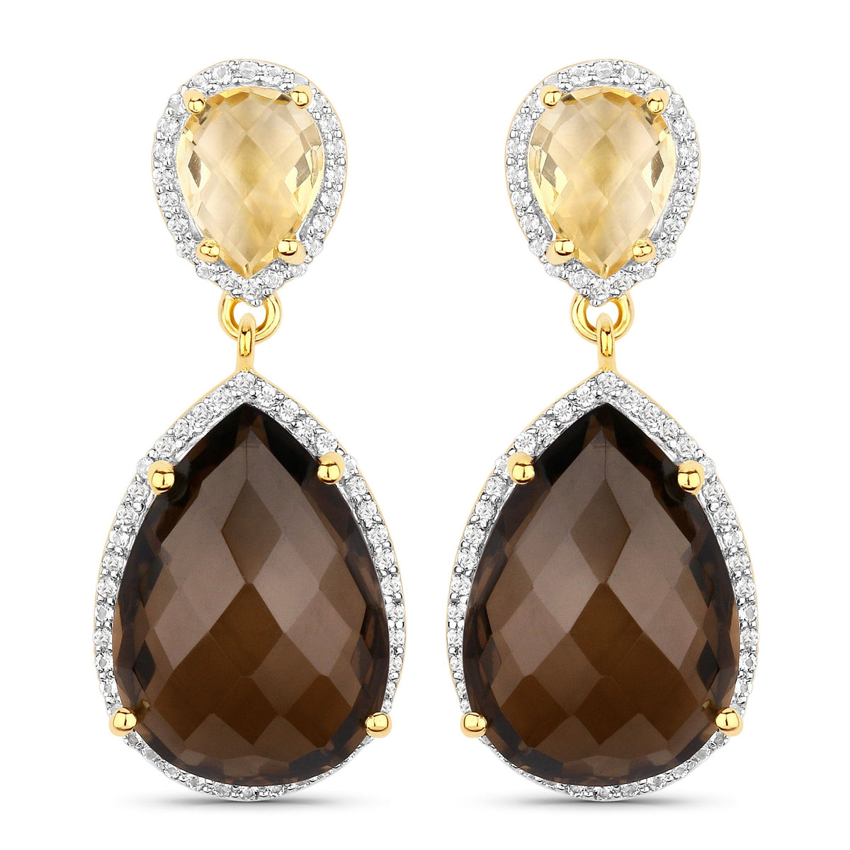 21.12 Carat Genuine Smoky Quartz, Citrine and White Topaz .925 Sterling Silver Earrings