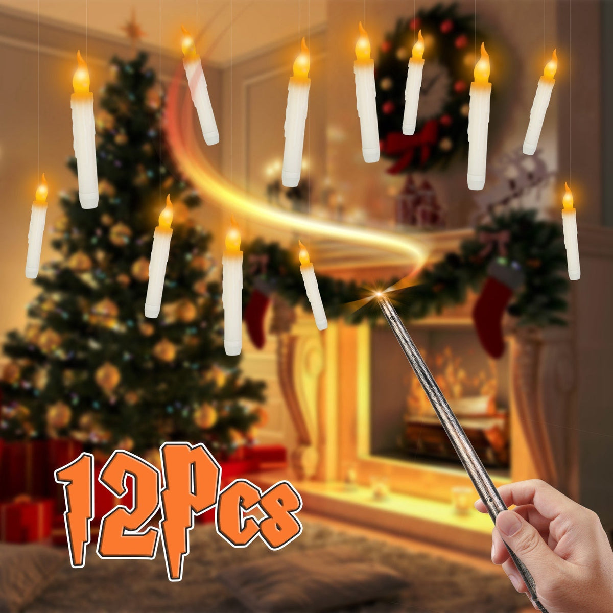 12Pcs Flameless Floating Candles LED Magic Hanging Candle Light Battery Operated Flickering Warm Light Window Candle With Magic Wand Remote for Hallow