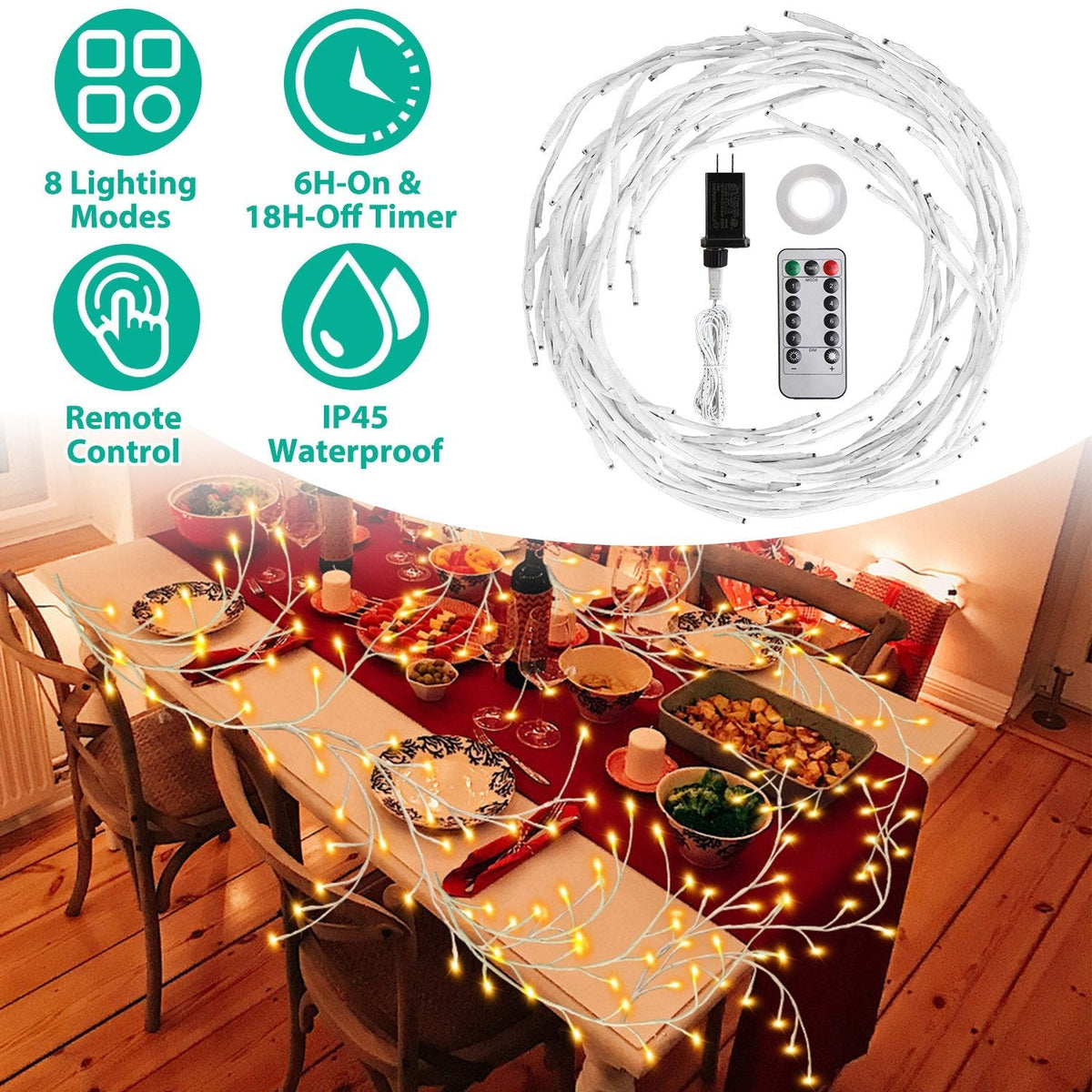 Lighted Birch Garland 7.87FT Lighted Twig Vine Lights 144LED Birch Garland with Lights String Light with Timer 8 Modes IP45 Waterproof for Christmas F