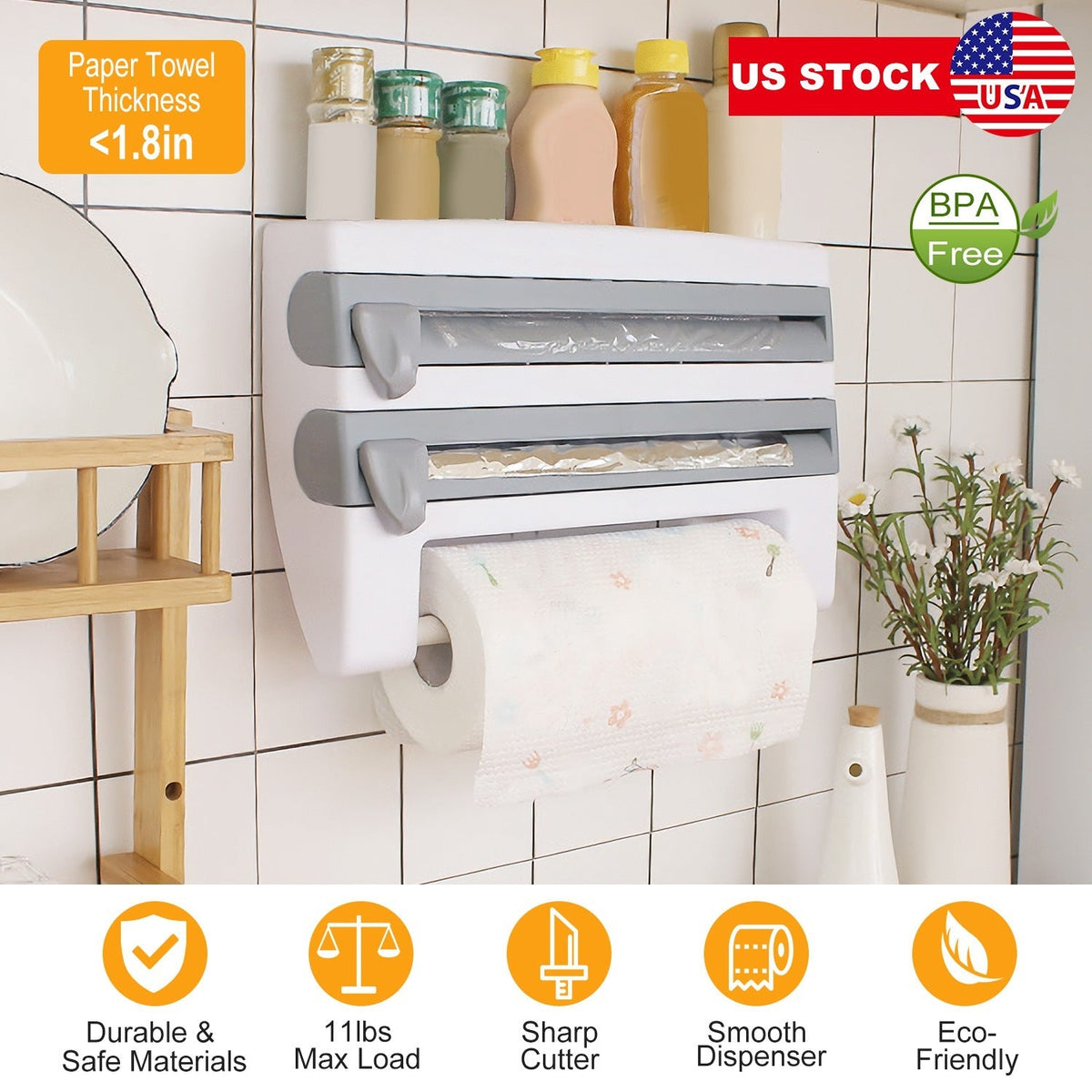 Kitchen Roll Dispenser Paper Roll Holder Plastic Wrap Film Foil Paper Organizer w/ Cutter Wall Mounted for Kitchen Bathroom