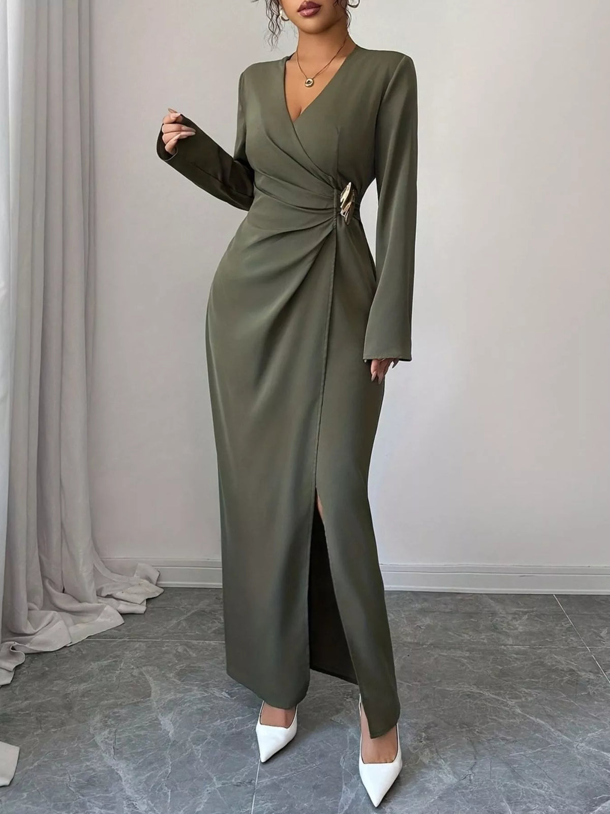 Slit Surplice Long Sleeve Maxi Dress