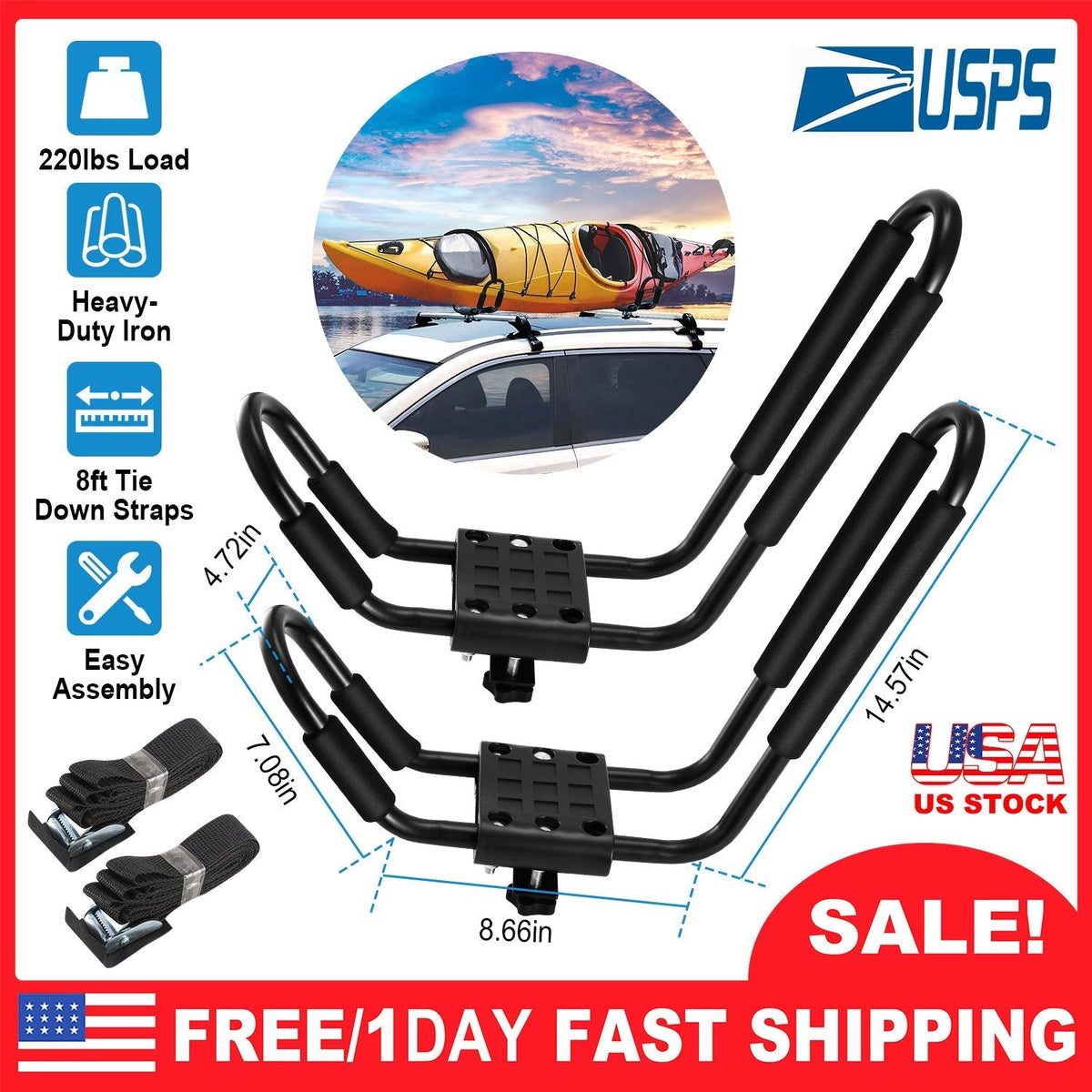 Title: 1 Pair Universal J-Bar Kayak Carrier 220LBS Load Heavy Duty Canoe Car Top Mount Carrier Roof Rack w/ 2Pcs Tie Down Straps