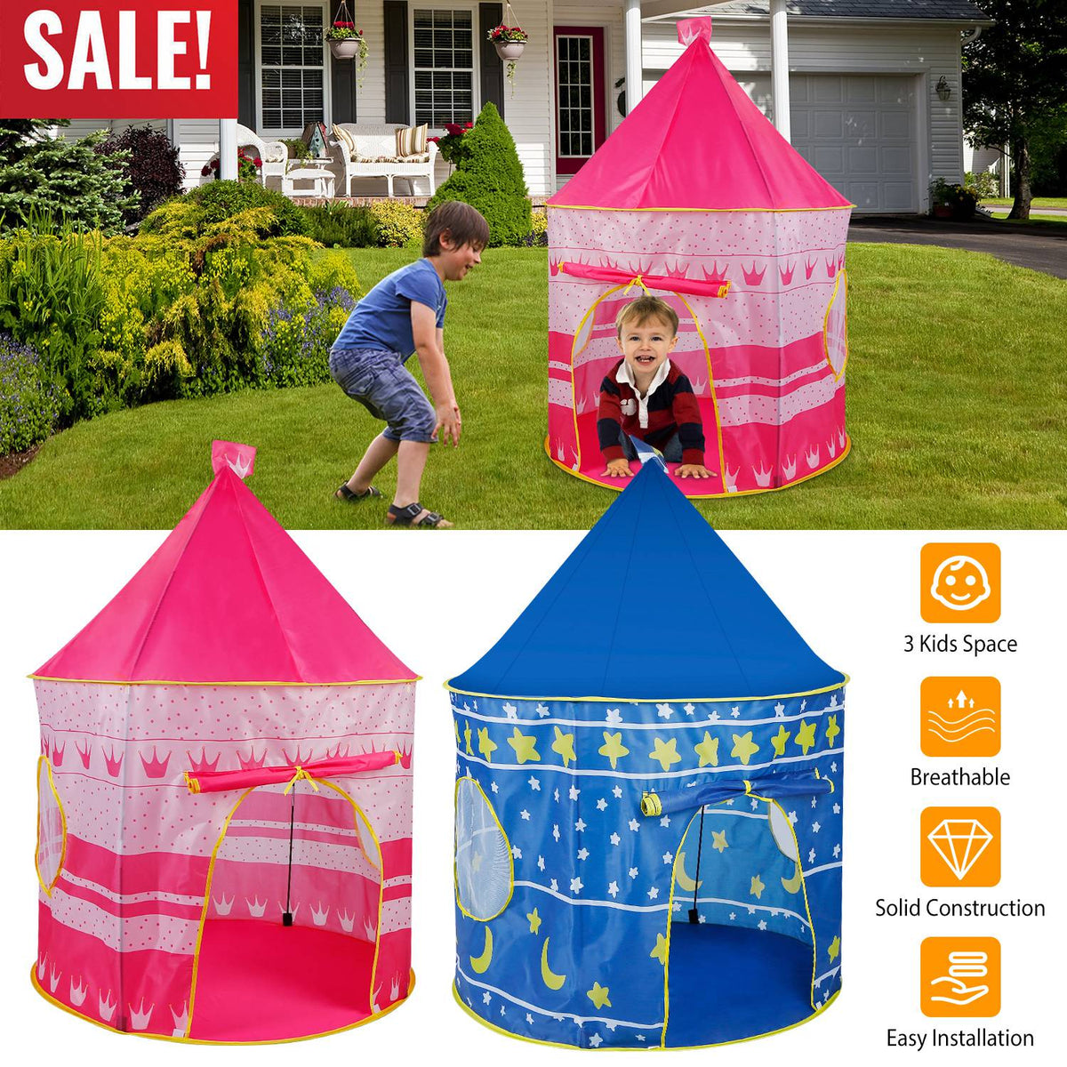 Kids Play Tent Foldable Pop Up Children Play Tent Portable Baby Play House Castle with  Carry Bag Indoor Outdoor Use