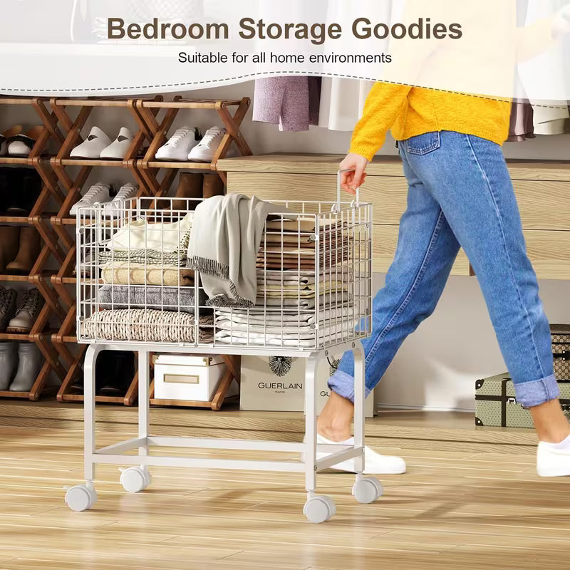 Metal Wire Rolling Laundry Hamper Cart with Pull Handle