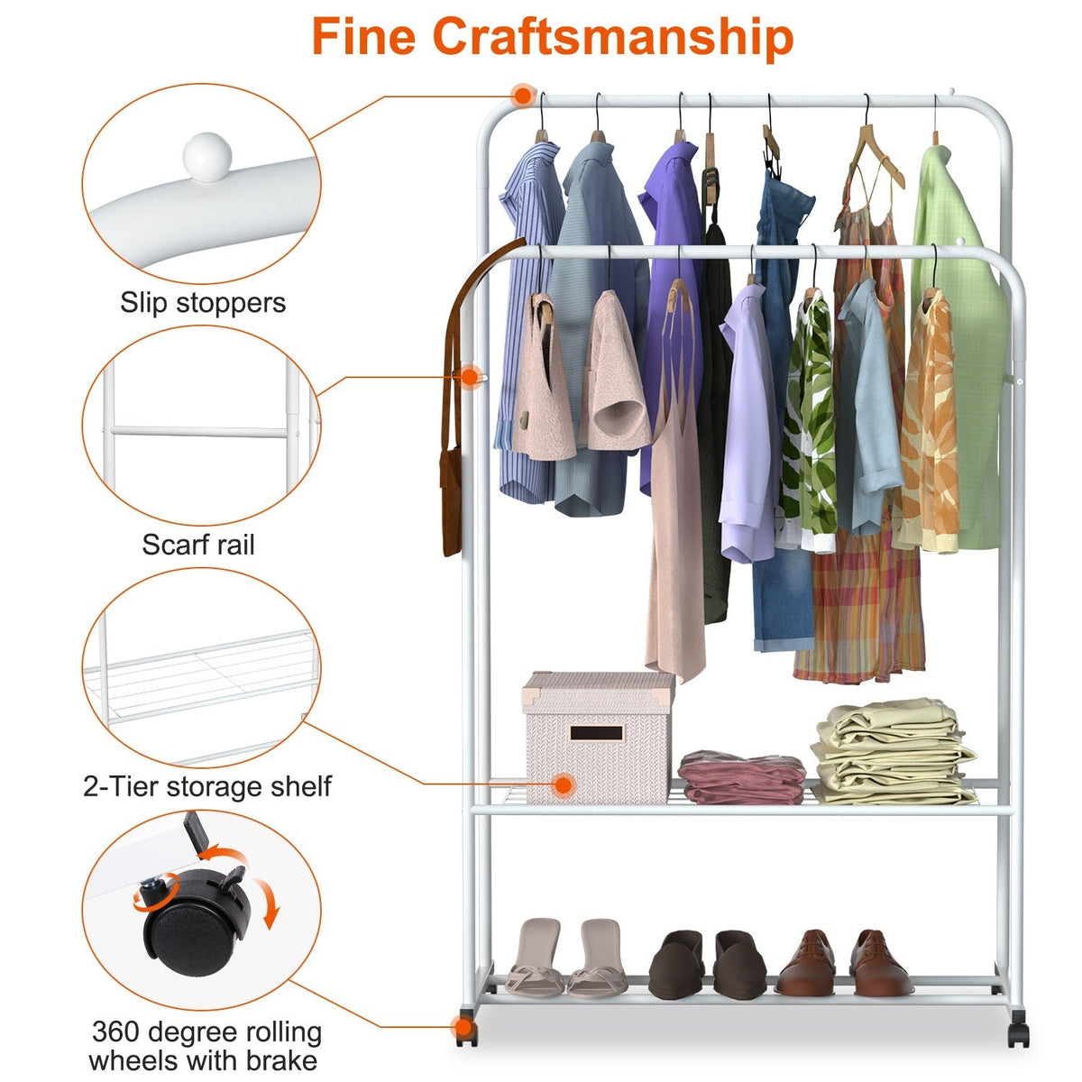 Garment Hanging Rack Clothing Hanging Rail Pillow Shoe Display Organizer Stand Rolling Wheel Clothes Organizer