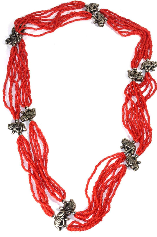 Elephant Charm Necklace Red Beaded Multi Strand Layered