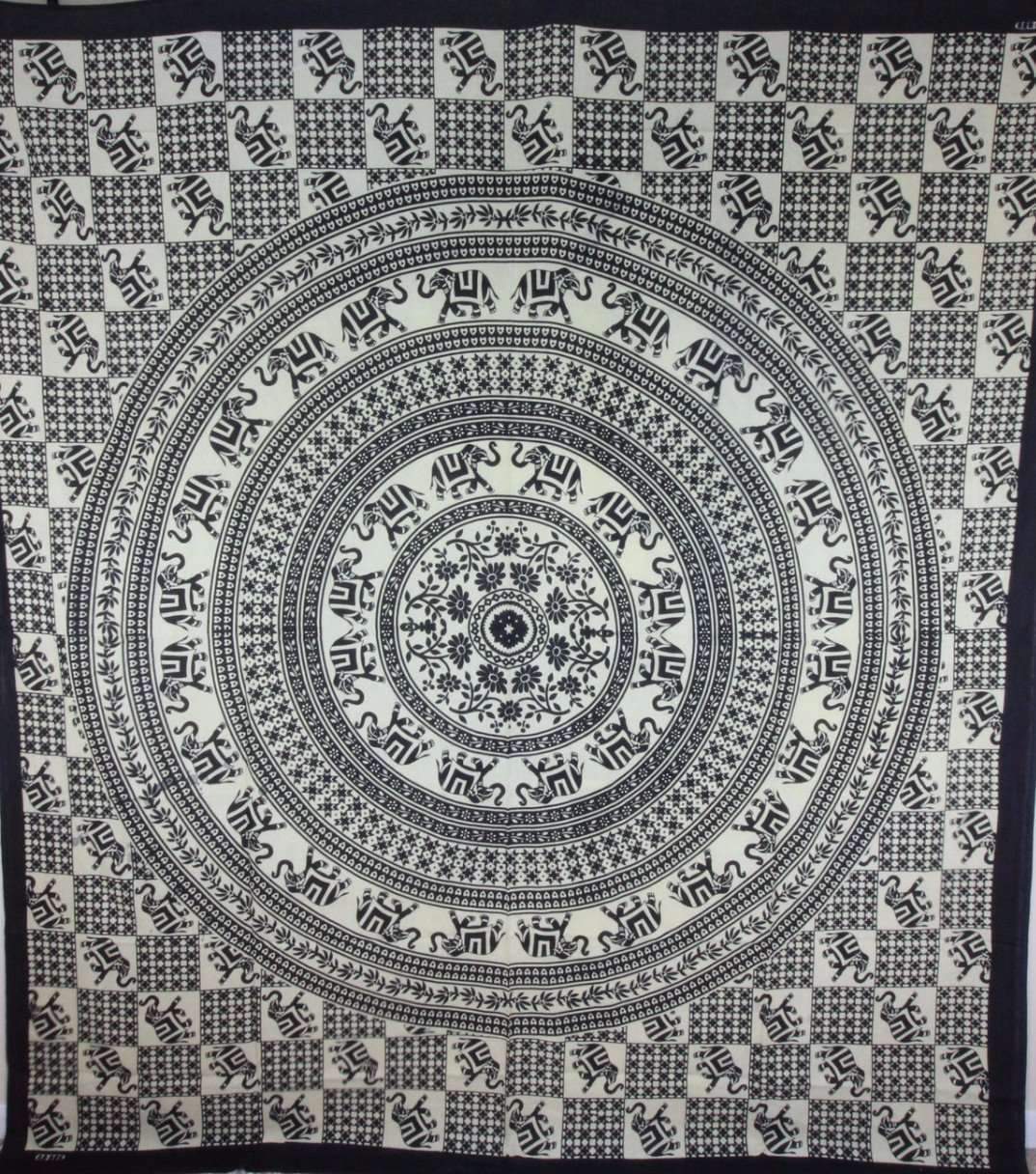 Elephant Mandala Checkerboard Wall Tapestry Black White