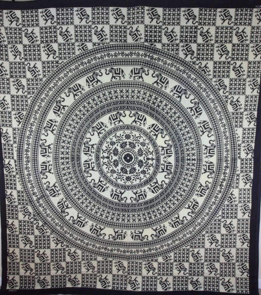 Elephant Mandala Checkerboard Wall Tapestry Black White
