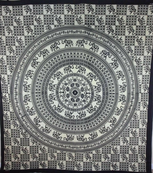 Elephant Mandala Checkerboard Wall Tapestry Black White