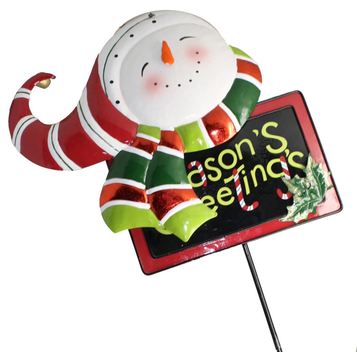 Letrero metálico de saludo navideño de muñeco de nieve