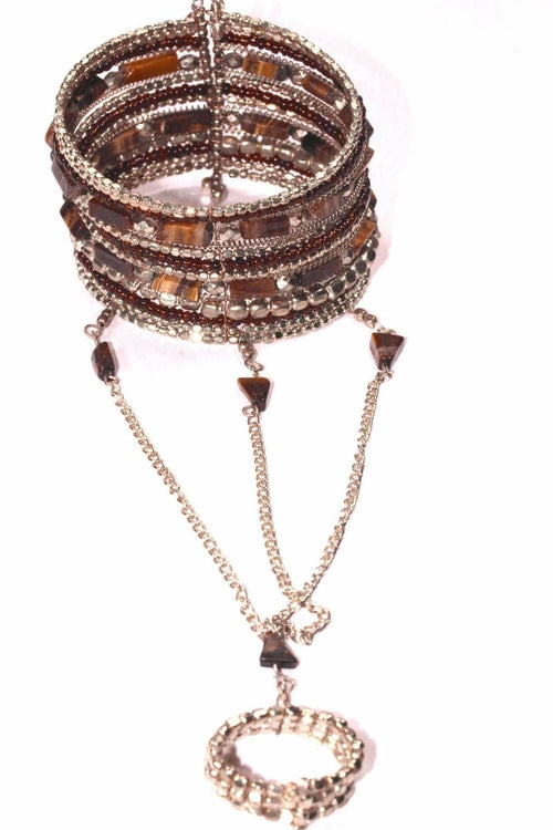 Exotic Gemstone Cuff Bangle With Linked Ring Set Style