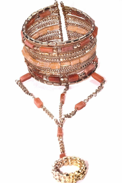 Exotic Gemstone Cuff Bangle With Linked Ring Set Style