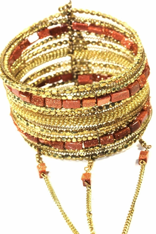 Exotic Gemstone Cuff Bangle With Linked Ring Set Style