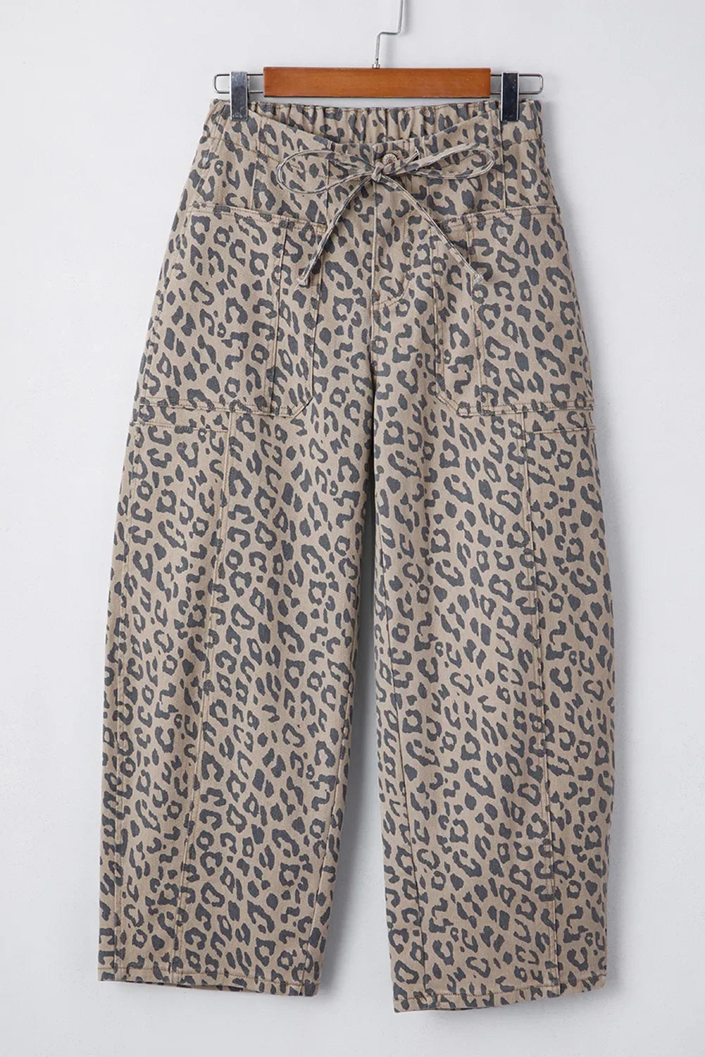 Leopard Printed Drawstring Waist Pocketed Wide Leg Jeans