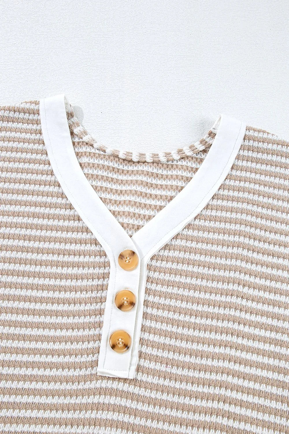 Stripe Buttoned Front V Neck T Shirt