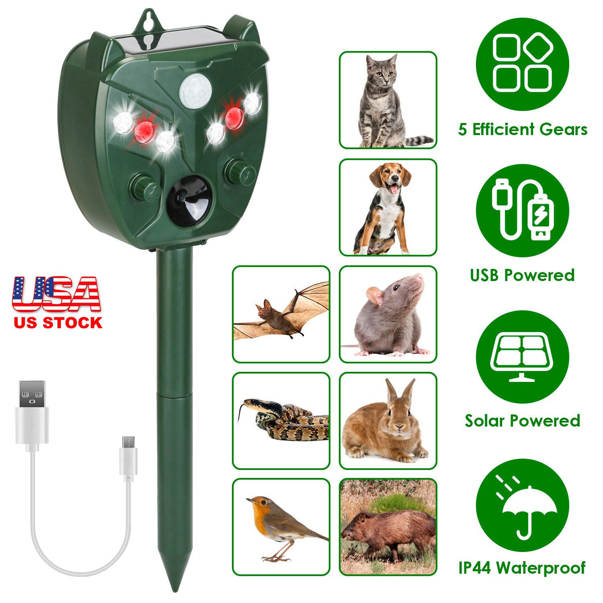 Ultrasonic Solar Animal Repeller Outdoor Mole Snake Squirrel Mouse Chaser Waterproof Bird Deer Dog Cat Deterrent with 5 Gears for Farm Garden Yard
