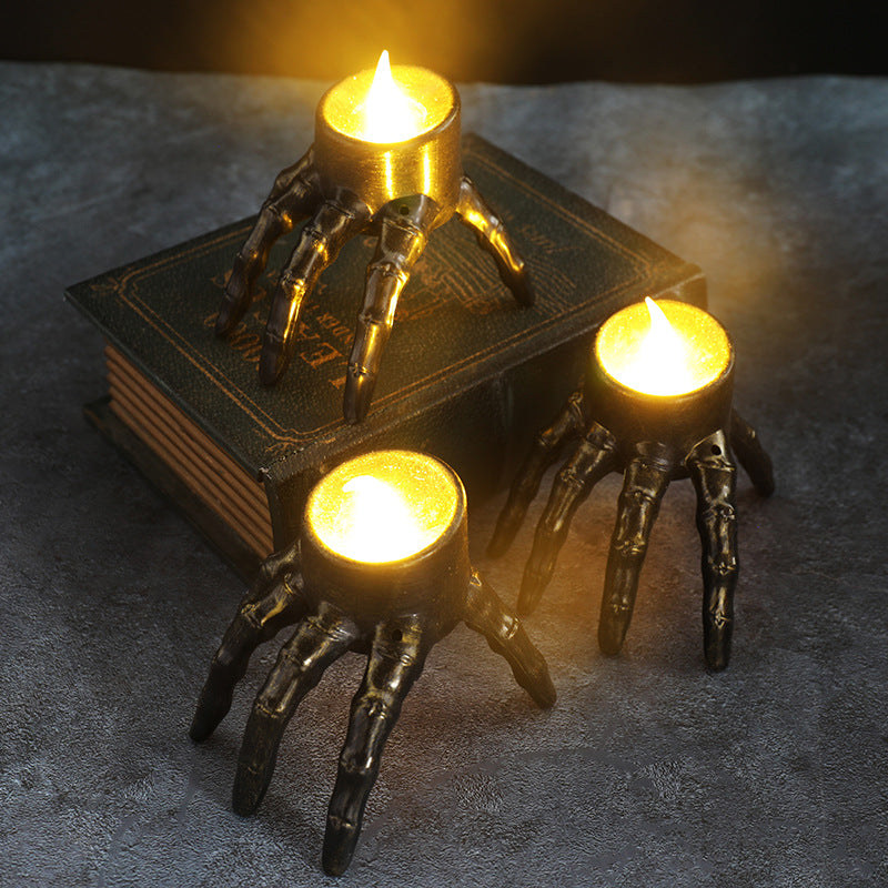 Linterna de mano de calavera de Halloween, accesorios de decoración para ambiente, linterna de noche con pie de calavera, linterna de vela de Halloween