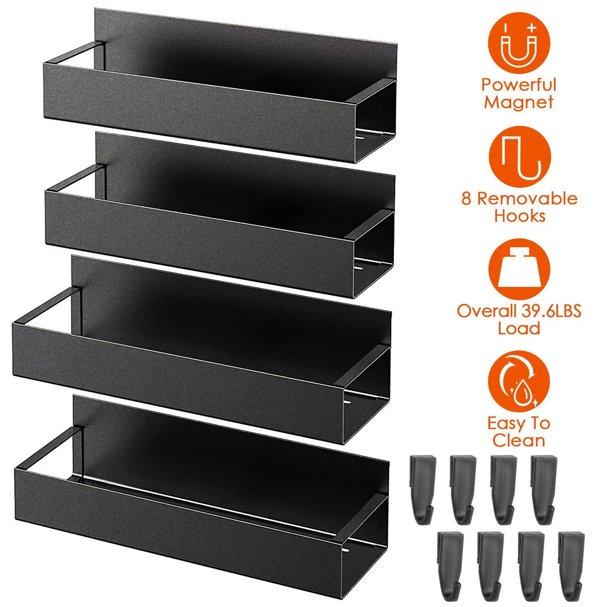 Magnetic Spice Rack with 8 Removable Hooks for Kitchen