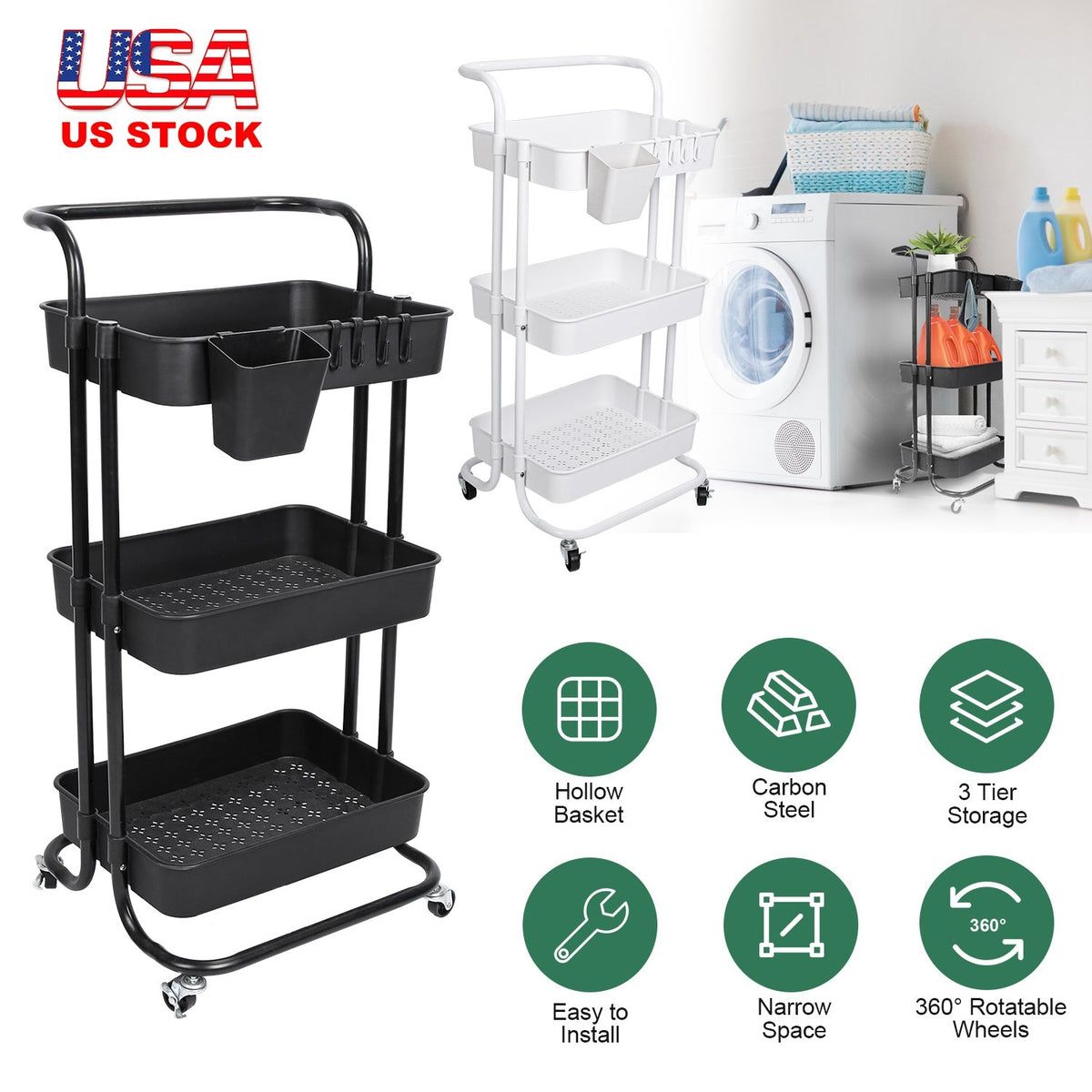 3 Tier Rolling Utility Cart Movable Storage Organizer with Mesh Baskets Lockable Wheels 360 Degree Rotatable Hanging Box Hooks Bedroom Bathroom Kitche