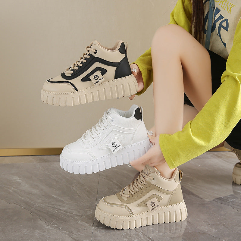Breathable High-top White Shoes For Women Versatile Chunky-soled Athletic-casual Style