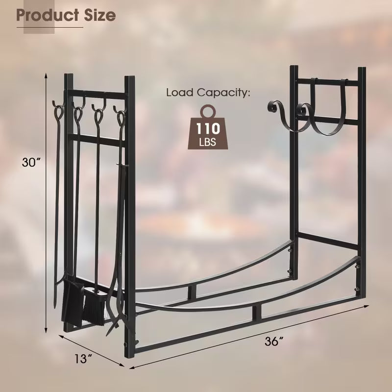 36-Inch Fireplace Log Holder with Handles and Shovel