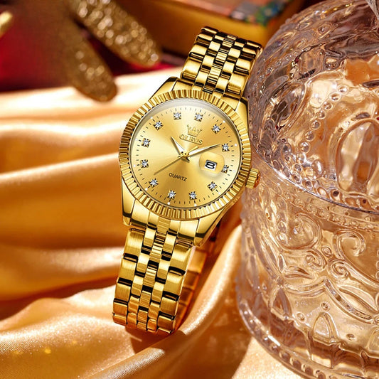 Women's Gold Stainless Steel Watch 33mm Luminous Date