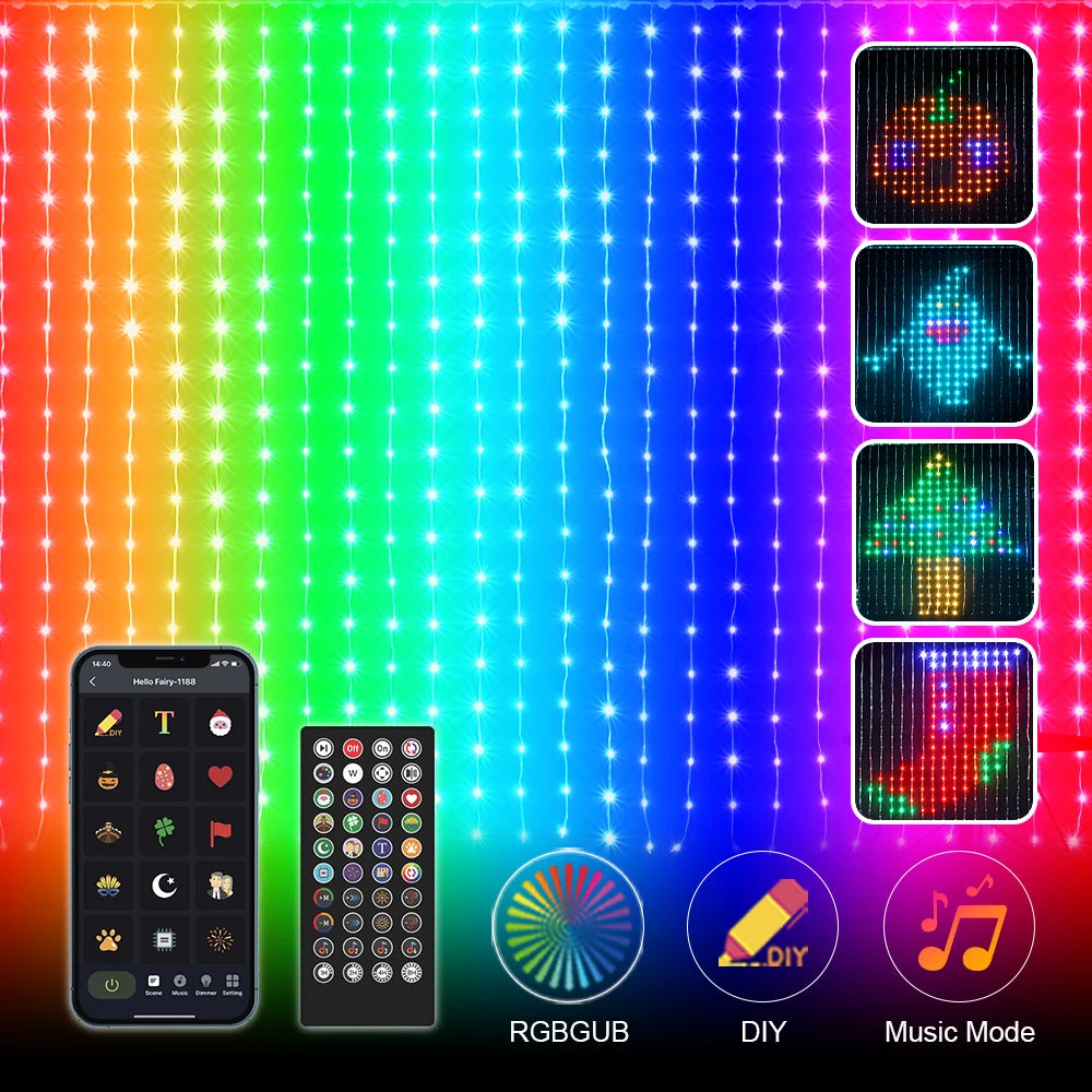 Luces de cortina LED RGB inteligentes, control por aplicación Bluetooth, guirnalda de luces de hadas de Navidad, exhibición de imágenes DIY, decoración para fiestas y bodas
