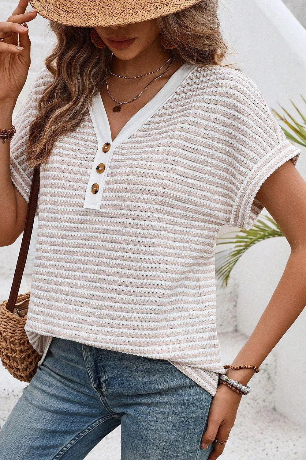Stripe Buttoned Front V Neck T Shirt