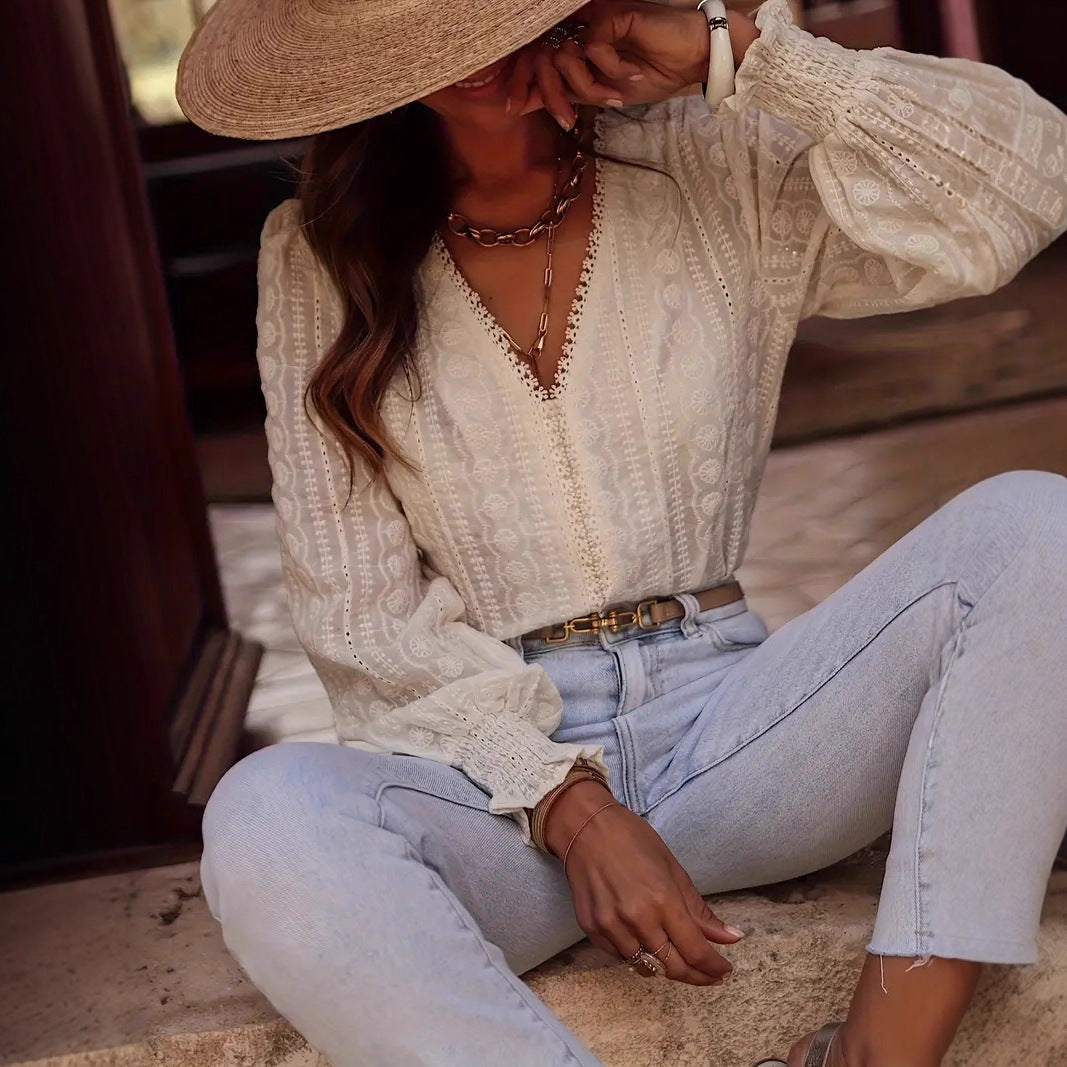 Elegant Commuter-Style Fashion V-Neck Lace-Patchwork Long-Sleeve Shirt