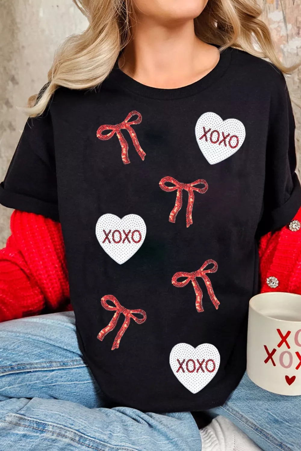 Valentines Bow XOXO Heart Sequin Patched Loose T Shirt